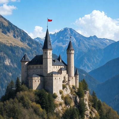 Primary subject: A large, old castle with a red flag on top.

Setting/background: A mountainous landscape with a flag on top of a castle.

Visual style: A photo of the castle and its surroundings.

Colors and mood: The castle is predominantly brown, and the overall atmosphere is majestic and historic.